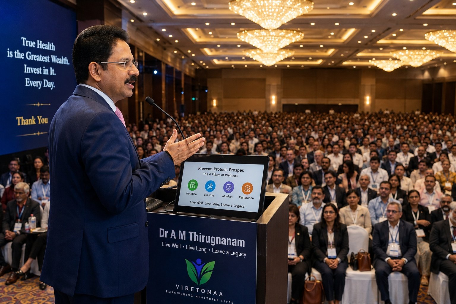 Dr A M Thirugnanam speaking on public health awareness at a Viretonaa health education event