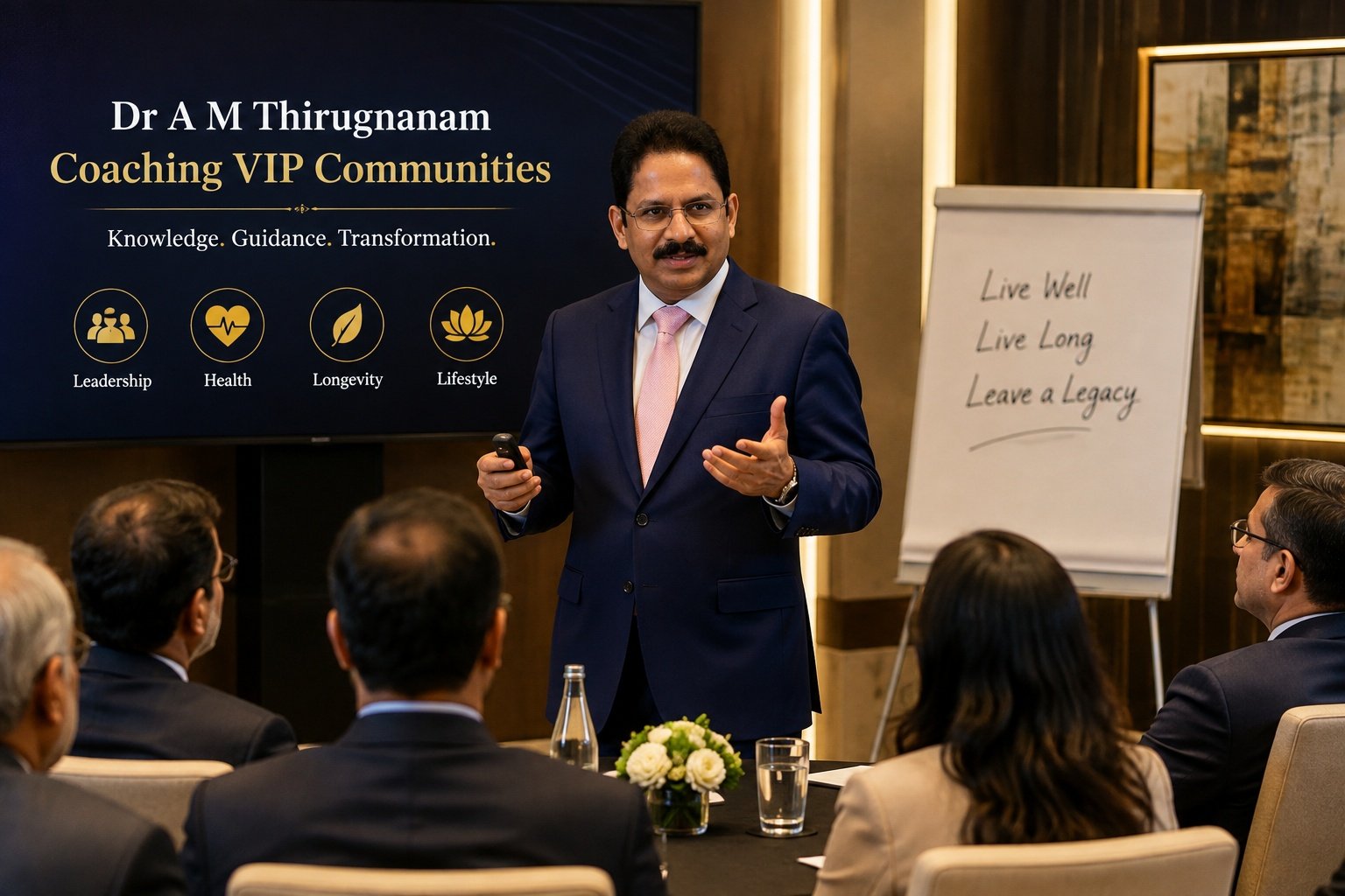 Dr A M Thirugnanam coaching a VIP community on health, lifestyle and longevity