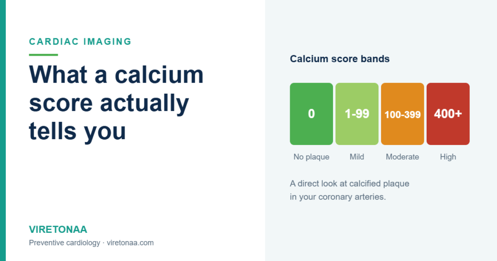 Coronary artery calcium score bands from 0 to over 400 and what each range means